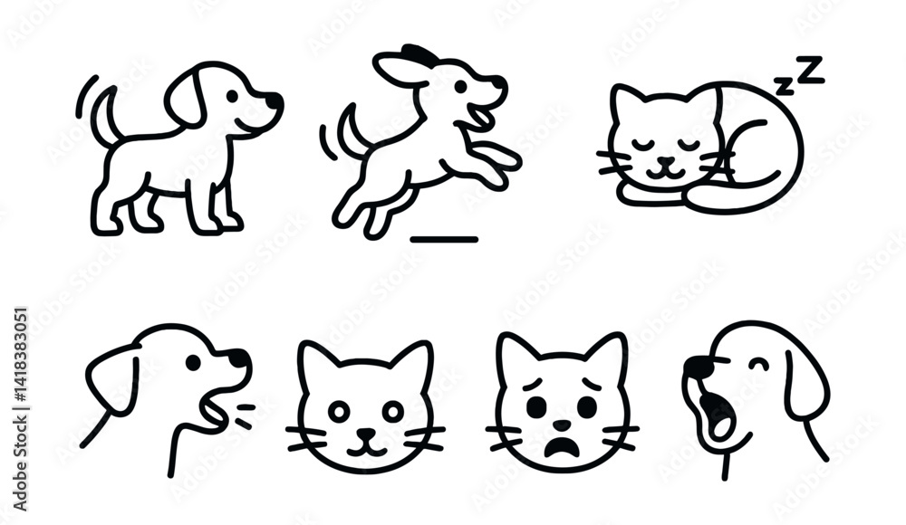 Line style icons of animal emotions: wagging tail, playful jump, sleeping pet, purring cat, barking dog, curious face, scared expression, yawning pet. Line style icons of animal emotions: wagging tail, playful jump, sleeping pet, purring cat, barking dog, curious face, scared expression, yawning pet.