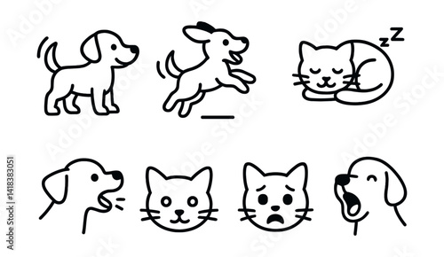 Line style icons of animal emotions: wagging tail, playful jump, sleeping pet, purring cat, barking dog, curious face, scared expression, yawning pet.