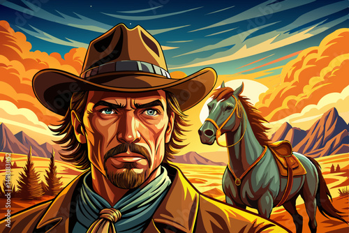 Landscape Sunset illustration of a cowboy portrait and horse in the desert