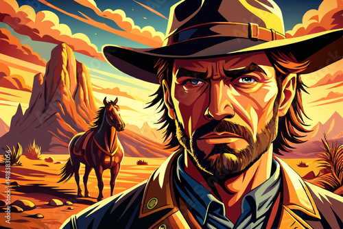 Landscape Sunset illustration of a cowboy portrait and horse in the desert