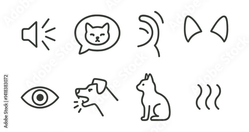 Line style icons of pet communication: bark symbol, meow bubble, tail signal, ear position, eye contact, growl lines, posture icon, purr icon.