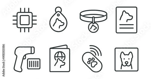 Line style icons of pet lifestyle: napping, sunbathing, window watching, playing with owner, relaxing indoors, outside sniffing, on the couch, waiting at door.