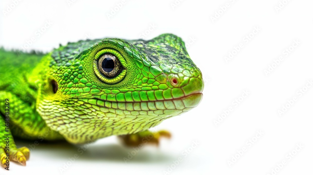 A close-up of a vibrant green iguana, its scaly skin contrasting on white. A close-up of a vibrant green iguana, its scaly skin contrasting on white.