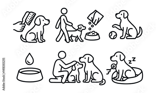 Line style icons of daily pet care: brushing, walking, feeding, playtime, fresh water, petting, health check, bedtime routine.