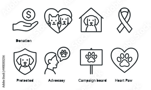 Line style icons of animal welfare: donation hand, pet love, rescue shelter, awareness ribbon, protected animal, advocacy icon, campaign board, heart paw.