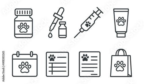 Line style icons of pet medication: pill bottle, dropper, syringe, ointment tube, medical calendar, dosage chart, vet script, prescription bag.