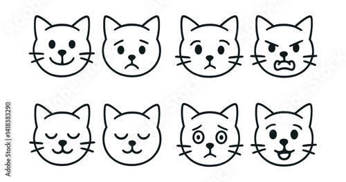 Line style icons of pet emotions: happy face, sad face, curious look, angry growl, relaxed, sleepy, scared, excited.