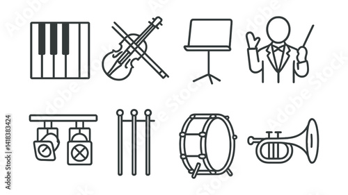 Line style icons of music and sound: piano keys, violin bow, music stand, conductor, stage lights, guitar strings, bass drum, trumpet bell.