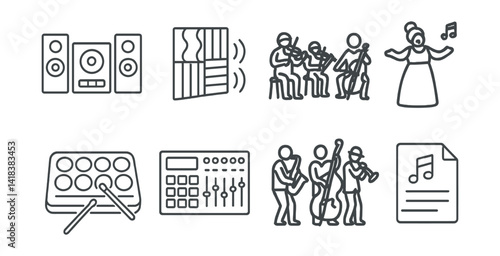 Line style icons of music and sound: stereo system, soundproof wall, string quartet, opera singer, electric drum pad, MIDI controller, jazz band, song lyrics.