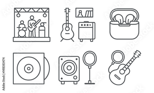 Line style icons of music and sound: band stage, rehearsal room, music award, headphones case, album cover, subwoofer, pop filter, acoustic guitar.