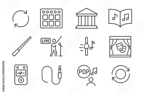 Line style icons of music and sound: loop icon, beatmaker pad, symphony hall, choir book, conductor baton, live session, tuning
