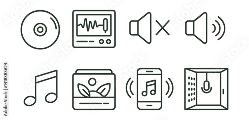 Line style icons of music and sound: compact disc, audio editor, silence icon, sound transition, melody maker, ambient mix, music stream, vocal booth.