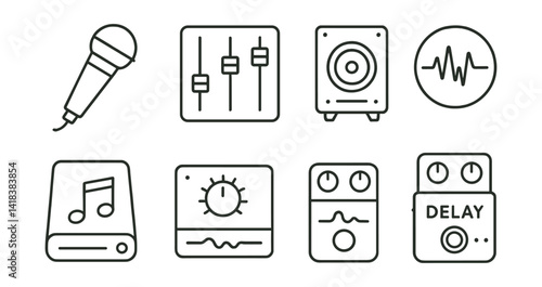 Line style icons of music and sound: dynamic mic icon, studio fader, audio panel, concert monitor, beat icon, music drive, tone shaping, delay effect.