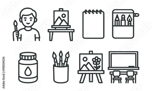 Line vector icons of student art class: young artist, art table, sketchpad, pencil case, paint jar, brush holder, creative project, classroom setup.