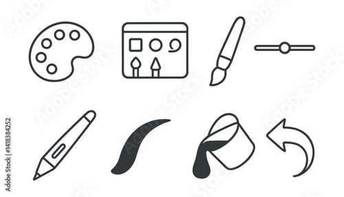 Line vector icons of digital painting tools: color palette, tool menu, blend brush, opacity slider, pressure pen, brush stroke, fill icon, undo arrow.