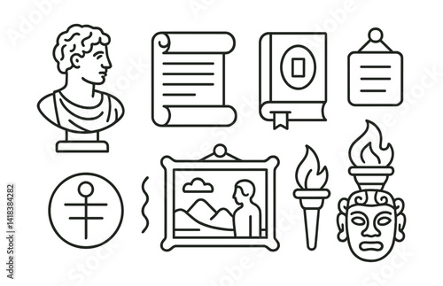 Line vector icons of art history: classical bust, scroll, history book, period label, ancient symbol, historical painting, torch, cultural mask.