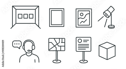 Line vector icons of contemporary gallery: clean space, minimalist frame, abstract wall, light spot, virtual guide, map stand, info panel, white cube.