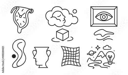 Line vector icons of surrealist art: melting clock, dream cloud, floating cube, eye in frame, twisted space, hybrid form, illusion grid, imaginative sketch.