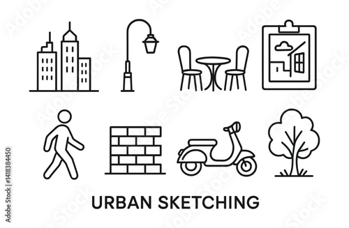 Line vector icons of urban sketching: city skyline, streetlight, cafe table, window sketch, passerby figure, brick wall, scooter, urban tree.