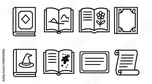 Line vector icons of book illustration: cover design, chapter sketch, black and white drawing, decorative border, fairy tale icon, ink page, text box, scroll.