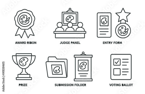 Line vector icons of art competitions: award ribbon, judge panel, entry form, finalist badge, prize icon, submission folder, event poster, voting ballot.