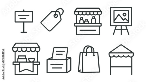 Line vector icons of art market booths: handmade sign, price tag, product display, art print stand, craft banner, sale box, customer bag, vendor tent.
