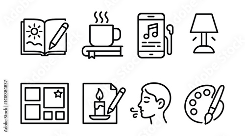 Line vector icons of creative inspiration rituals: morning sketch, coffee and notebook, music playlist, mood lighting, vision board, candle sketch, breathing icon, art flow.