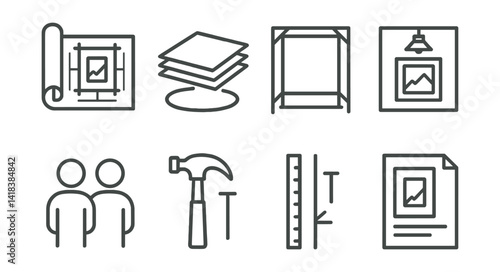 Line vector icons of art installation process: blueprint, material stack, frame structure, lighting plan, team setup, construction tool, spacing marker, preview sheet.