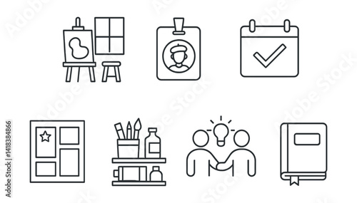 Line vector icons of art residency: studio room, artist badge, calendar mark, collaboration icon, inspiration wall, supply shelf, event flyer, journal.