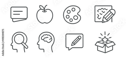 Line vector icons of creative prompts: word card, random object, color inspiration, texture find, memory icon, phrase sketch, timer bubble, surprise box.