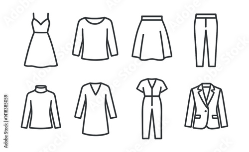 Line vector icons of women’s clothing: dress, blouse, skirt, pants, turtleneck, tunic, jumpsuit, blazer.