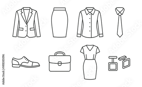 Line vector icons of business fashion: blazer, pencil skirt, button-up shirt, tie, formal shoes, briefcase, office dress, cufflinks.