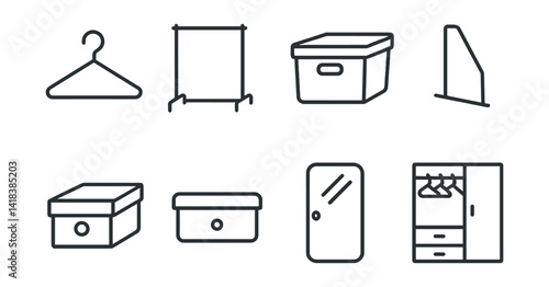 Line vector icons of personal wardrobe: coat hanger, wardrobe rack, storage bin, shelf divider, shoe box, drawer, mirror door, closet plan.