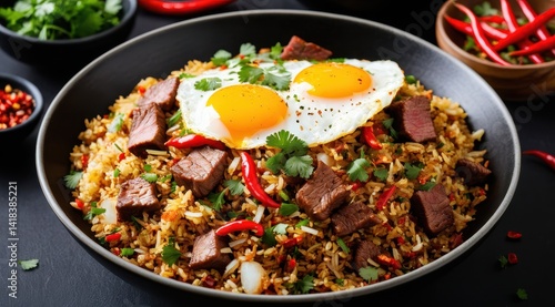 Savory fried rice with tender steak pieces, topped with a sunny-side-up egg, vibrant red chilies, and fresh cilantro in a black bowl