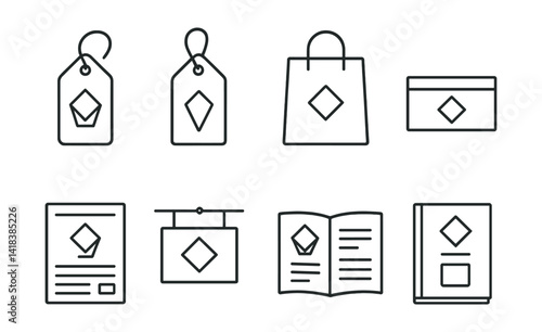 Line vector icons of fashion branding: logo tag, hang tag, branded packaging, label, promotional flyer, store signage, style guide, catalog.
