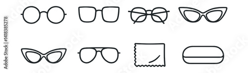 Line vector icons of eyewear collection: round sunglasses, square frames, reading glasses, fashion lenses, cat-eye glasses, aviator style, lens cloth, eyeglass case.