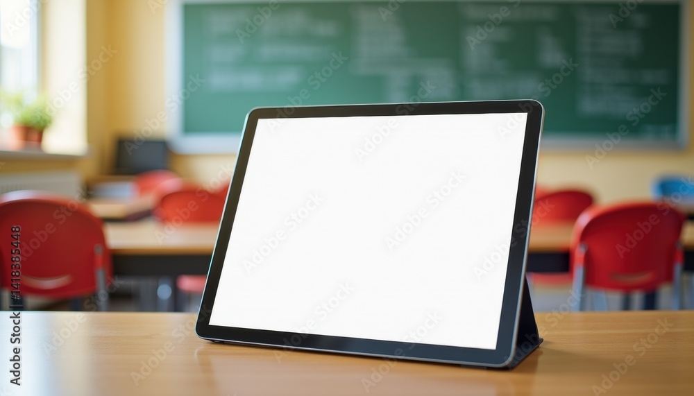 Blank tablet on desk in classroom with chalkboard background Blank tablet on desk in classroom with chalkboard background