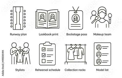 Line vector icons of fashion show preparation: runway plan, lookbook print, backstage pass, makeup team, stylists, rehearsal schedule, collection racks, model list.
