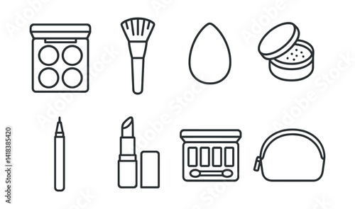 Line vector icons of makeup artist kit: foundation palette, contour brush, beauty sponge, setting powder, eyeliner pen, lipstick tube, eye palette, cosmetic bag.