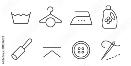 Line vector icons of garment care: washing label, dry clean hanger, iron symbol, fabric conditioner, lint roller, fold line, button box, stitch repair.