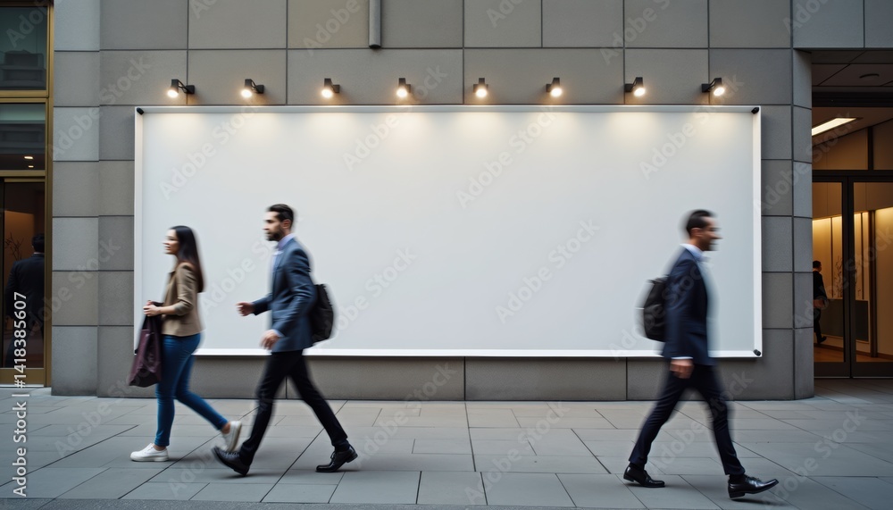 Fototapeta premium Diverse professionals walking past a blank billboard in the city