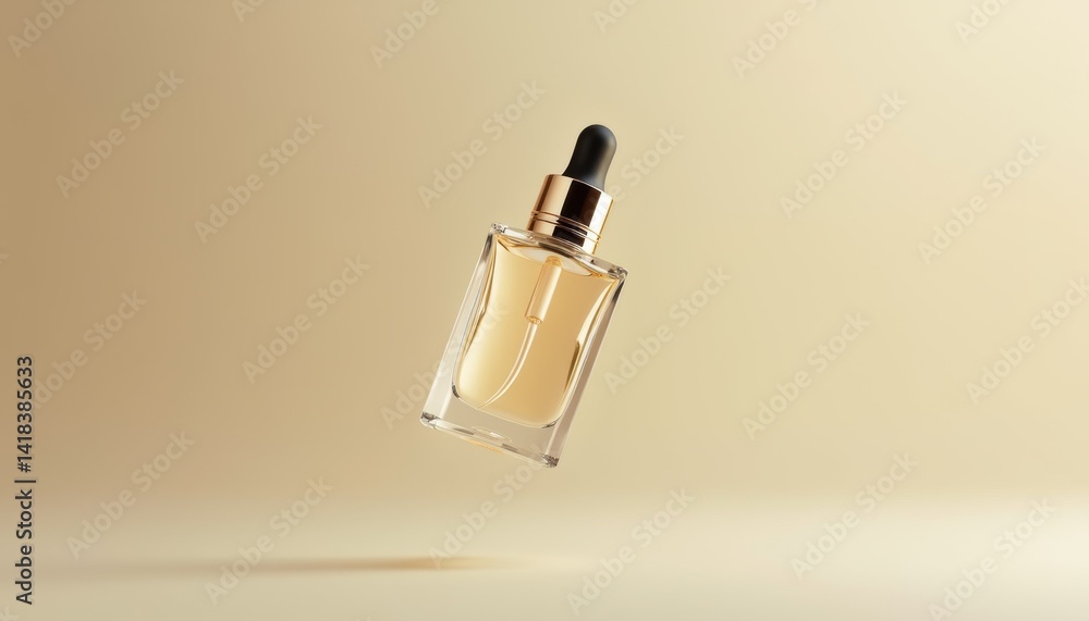 Elegant serum bottle floating against a warm golden background Elegant serum bottle floating against a warm golden background