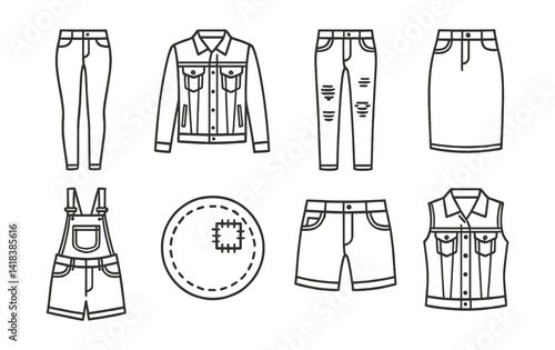 Line vector icons of denim fashion: skinny jeans, denim jacket, ripped jeans, denim skirt, overalls, patch details, denim shorts, jean vest.