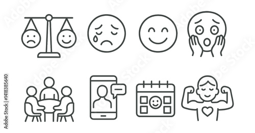 Line vector icons of mental wellbeing: emotional scale, crying face, happy face, fear icon, group therapy, mobile consultation, daily mood, inner strength.