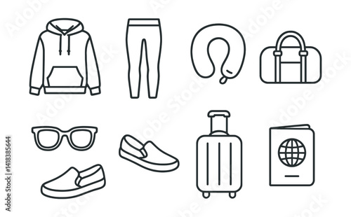 Line vector icons of travel outfits: layered hoodie, leggings, neck pillow, duffle bag, sunglasses, slip-on shoes, carry-on, passport holder.