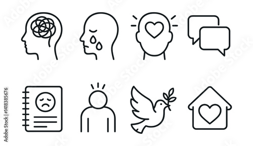 Line vector icons of mental wellbeing: cognitive distortion, emotional awareness, trauma healing, supportive conversation, anxiety journal, burnout icon, peace icon, safe space.
