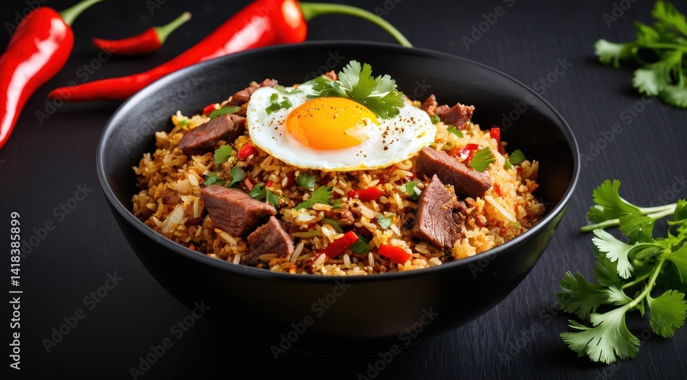 Savory fried rice with tender steak pieces, topped with a sunny-side-up egg, vibrant red chilies, and fresh cilantro in a black bowl Savory fried rice with tender steak pieces, topped with a sunny-side-up egg, vibrant red chilies, and fresh cilantro in a black bowl