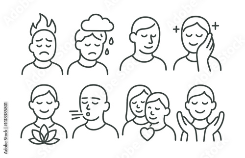 Line vector icons of mental wellbeing: emotional burnout, sadness relief, trusted support, mental recharge, peaceful mind, guided breathing, shared emotion, relaxed mood.