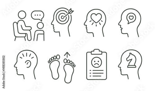 Line vector icons of mental wellbeing: therapy chat, life goals, inner healing, honest expression, personal clarity, guided steps, stress log, mental strategy.