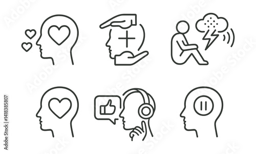 Line vector icons of mental wellbeing: emotional needs, personal limits, healing therapy, stress release, open heart, positive feedback, thoughtful listening, mindful pause.